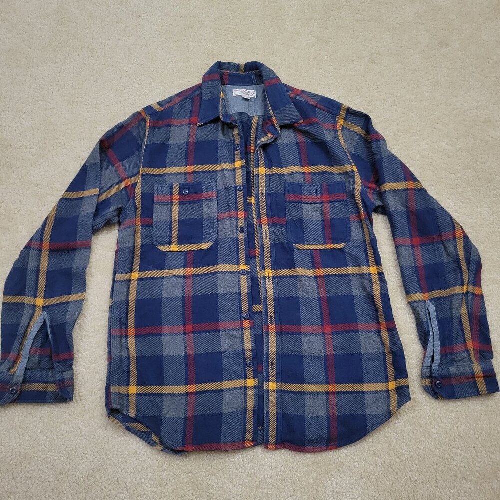 Wallace & Barnes J. Crew Mens M Flannel Lumberjack Shirt Blue Yellow Button-down